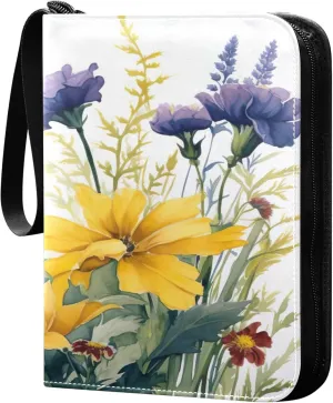 xigua Colorful Herbal Wildflower Card Binder 4-Pockets, Trading Card Binder 400 Pockets Baseball Card Binder Waterproof PU Leather Card Collection Binder for Games Card Album Card