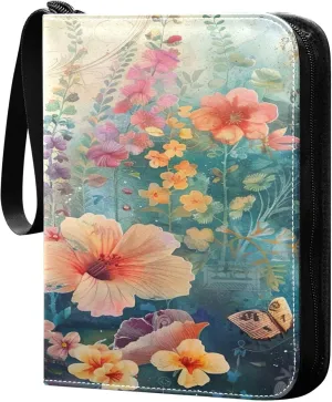 xigua Colorful Herbal Wildflower Card Binder 4-Pockets, Trading Card Binder 400 Pockets Baseball Card Binder Waterproof PU Leather Card Collection Binder for Games Card Album Card