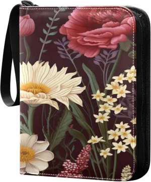 xigua Colorful Herbal Wildflower Card Binder 4-Pockets, Trading Card Binder 400 Pockets Baseball Card Binder Waterproof PU Leather Card Collection Binder for Games Card Album Card