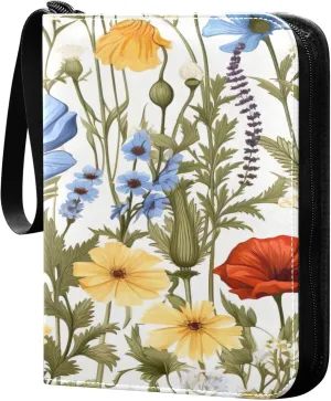 xigua Colorful Herbal Wildflower Card Binder 4-Pockets, Trading Card Binder 400 Pockets Baseball Card Binder Waterproof PU Leather Card Collection Binder for Games Card Album Card