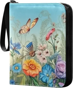 xigua Colorful Herbal Wildflower Card Binder 4-Pockets, Trading Card Binder 400 Pockets Baseball Card Binder Waterproof PU Leather Card Collection Binder for Games Card Album Card
