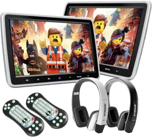 XTRONS® 2x 10.1 Inch HD Digital Screen Twins Car Headrest DVD Player Ultra-thin Detachable Touch Button HDMI Port with One Pair of Children IR Headphones (Blue & Pink)