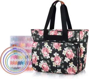 Yarwo Embroidery Project Bag, Embroidery Kits Storage Bag with Multiple Pockets for Embroidery Hoops (Up to 11.2"), Embroidery Floss or Other Embroidery Supplies, Black Peony (Bag Only)