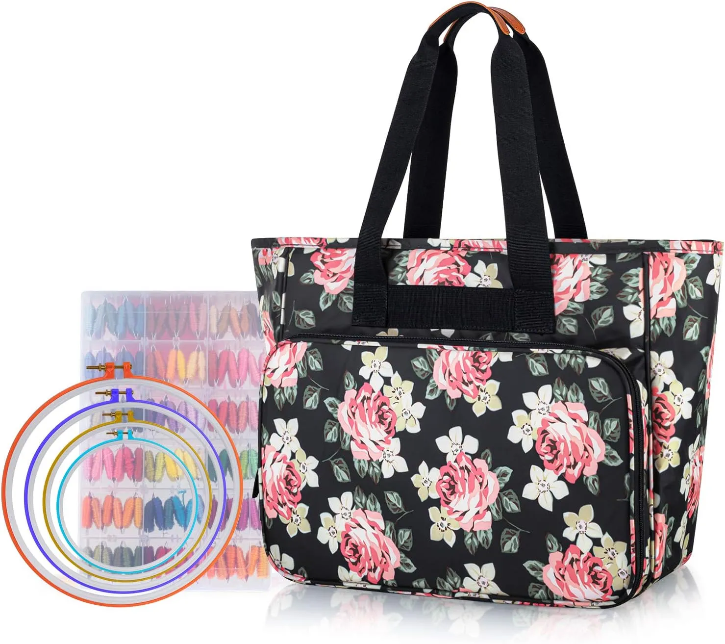 Yarwo Embroidery Project Bag, Embroidery Kits Storage Bag with Multiple Pockets for Embroidery Hoops (Up to 11.2"), Embroidery Floss or Other Embroidery Supplies, Black Peony (Bag Only)