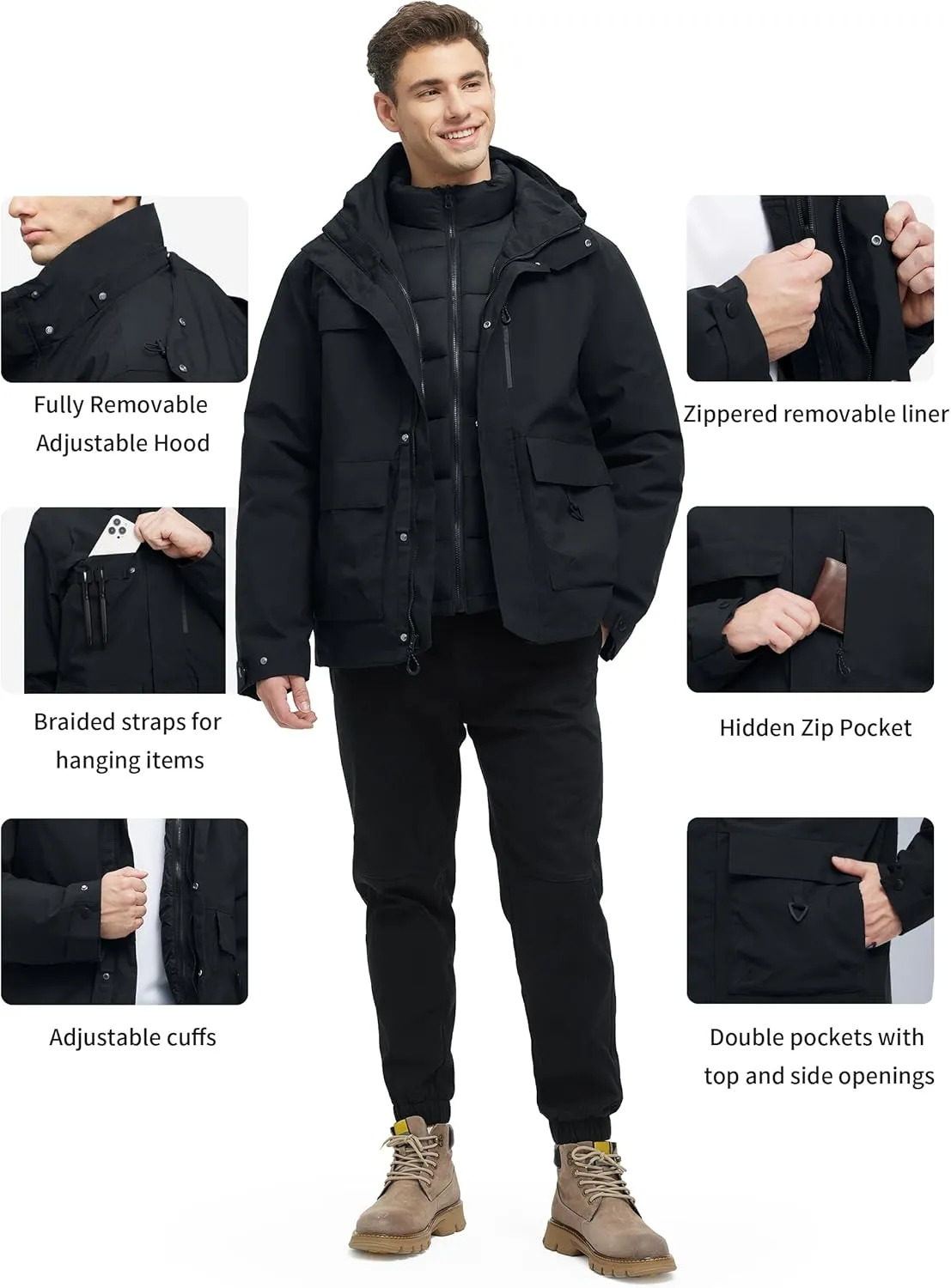 YGREYG Men's 3 in 1 Waterproof Winter Jackets Ski Warm Snow Rain Coat Puffer Liner Hood Windbreaker