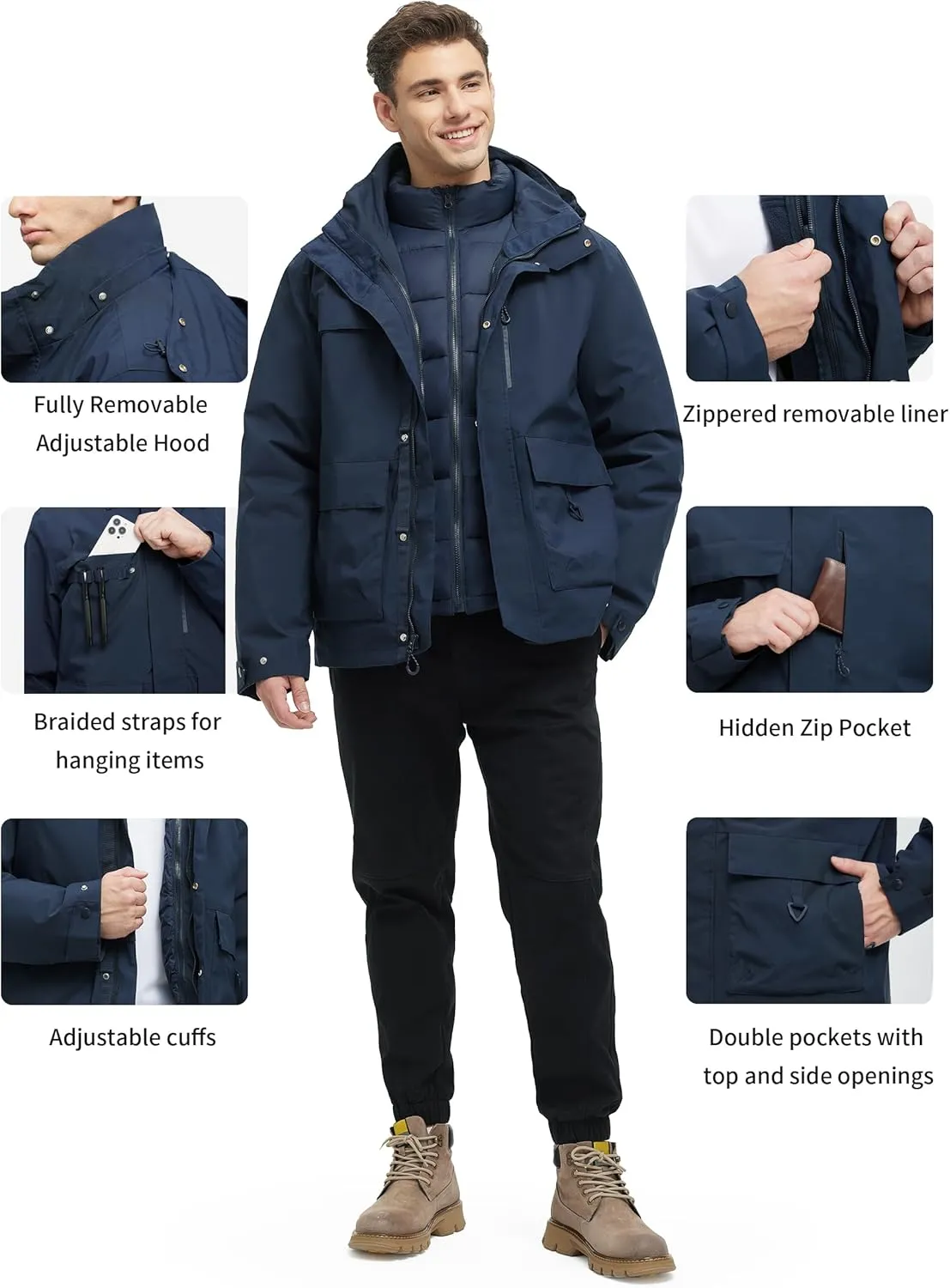 YGREYG Men's 3 in 1 Waterproof Winter Jackets Ski Warm Snow Rain Coat Puffer Liner Hood Windbreaker