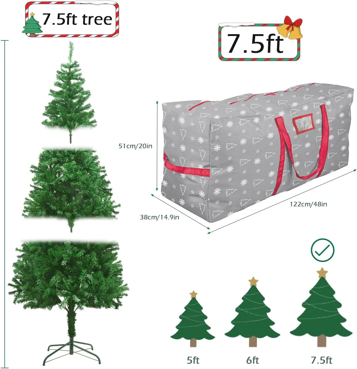 YIYA Christmas Tree Storage Bag for 7.5 Ft Artificial Trees - Large Container With Handles, 600D Oxford Fabric for Outside Decorations (Grey)