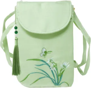 yueton 1 Pack Chinese Style Embroidered Crossbody Bag Vintage Purse Classical Flower Embroidery Cell Phone Bag with Tassel for Women