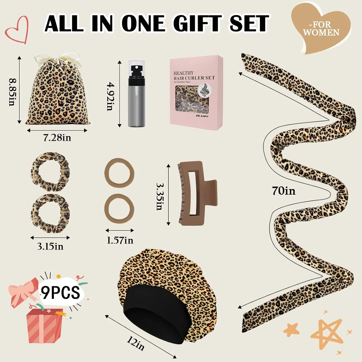 ZILAMPU No Heat Hair Curlers to Sleep In - 70" Soft Overnight Headband Wrap for Women Long Wave Curls, 9 PCS Rollers Gifts Set - Leopard Print