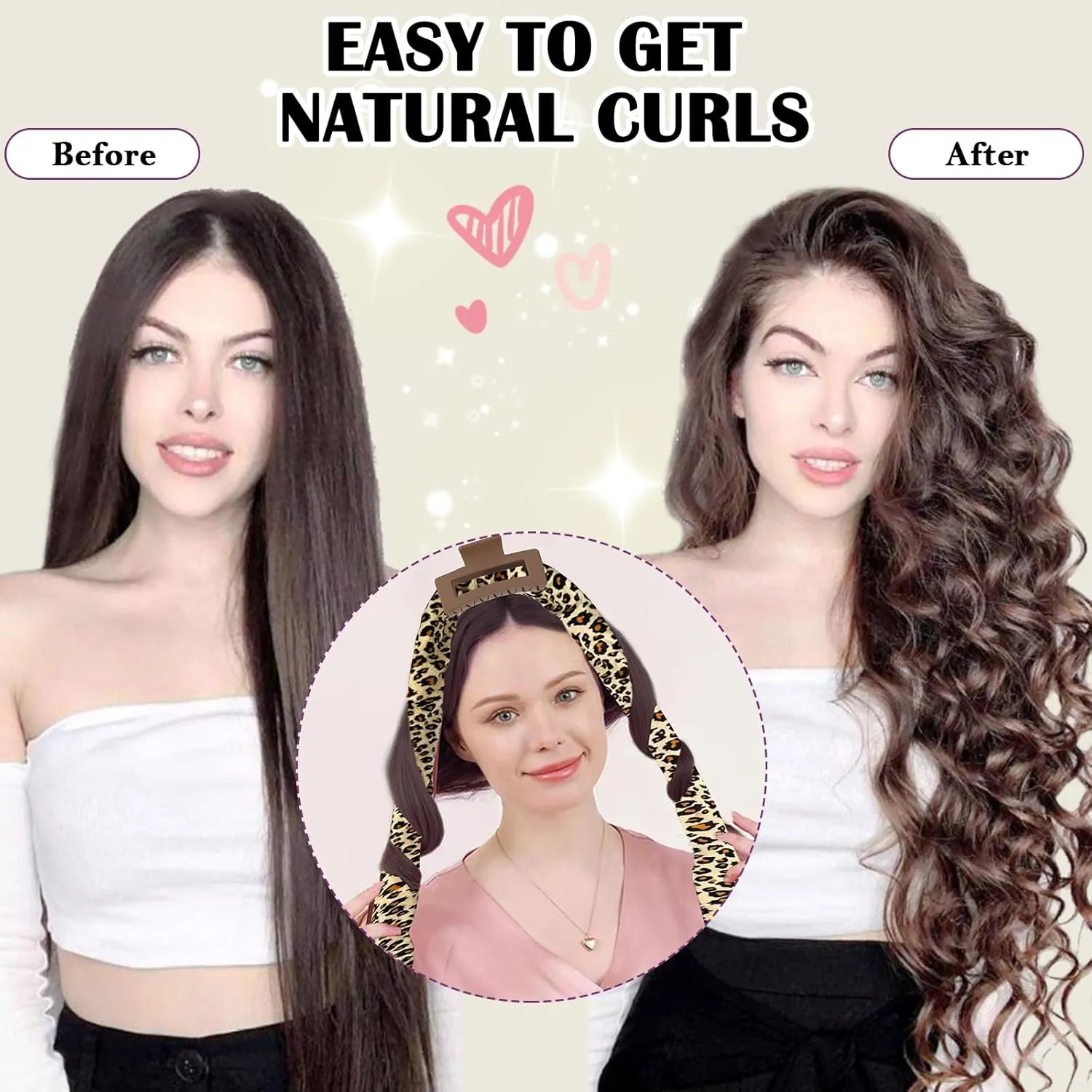 ZILAMPU No Heat Hair Curlers to Sleep In - 70" Soft Overnight Headband Wrap for Women Long Wave Curls, 9 PCS Rollers Gifts Set - Leopard Print