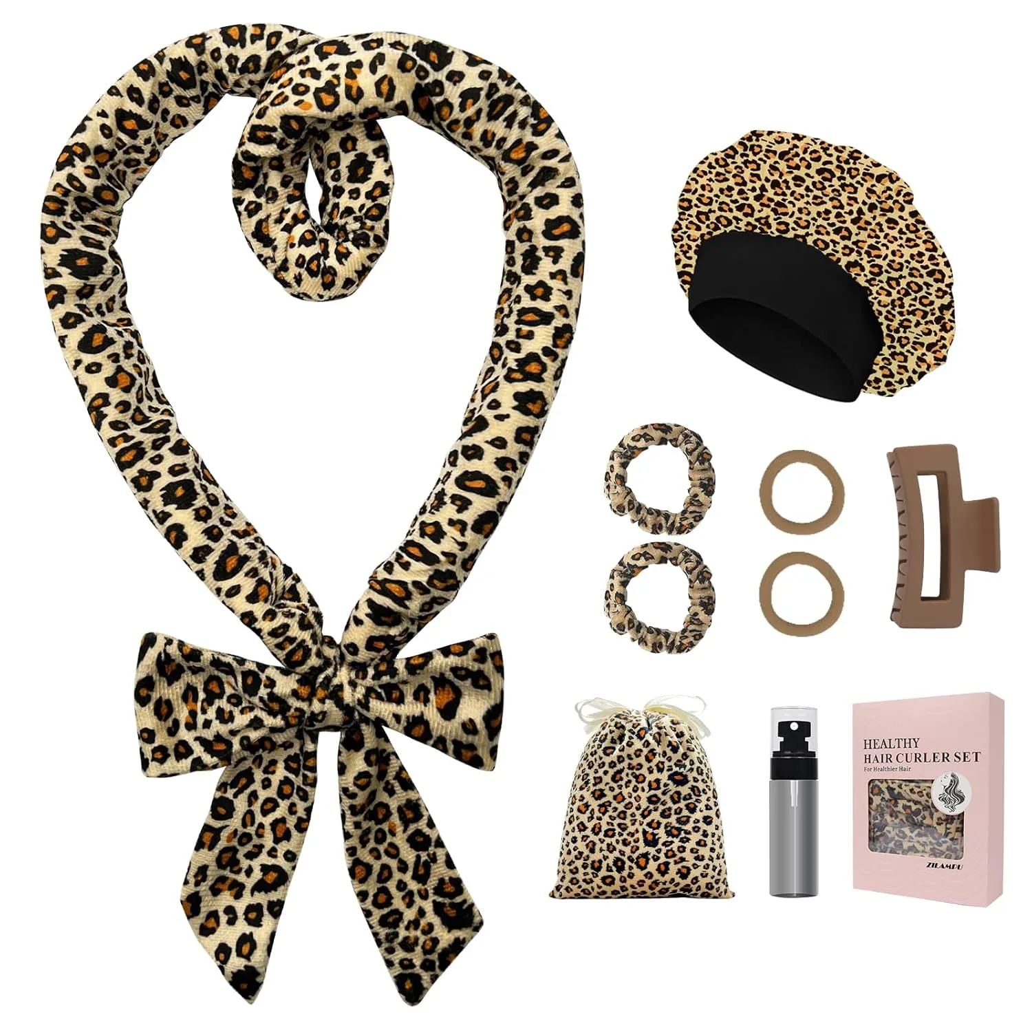 ZILAMPU No Heat Hair Curlers to Sleep In - 70" Soft Overnight Headband Wrap for Women Long Wave Curls, 9 PCS Rollers Gifts Set - Leopard Print