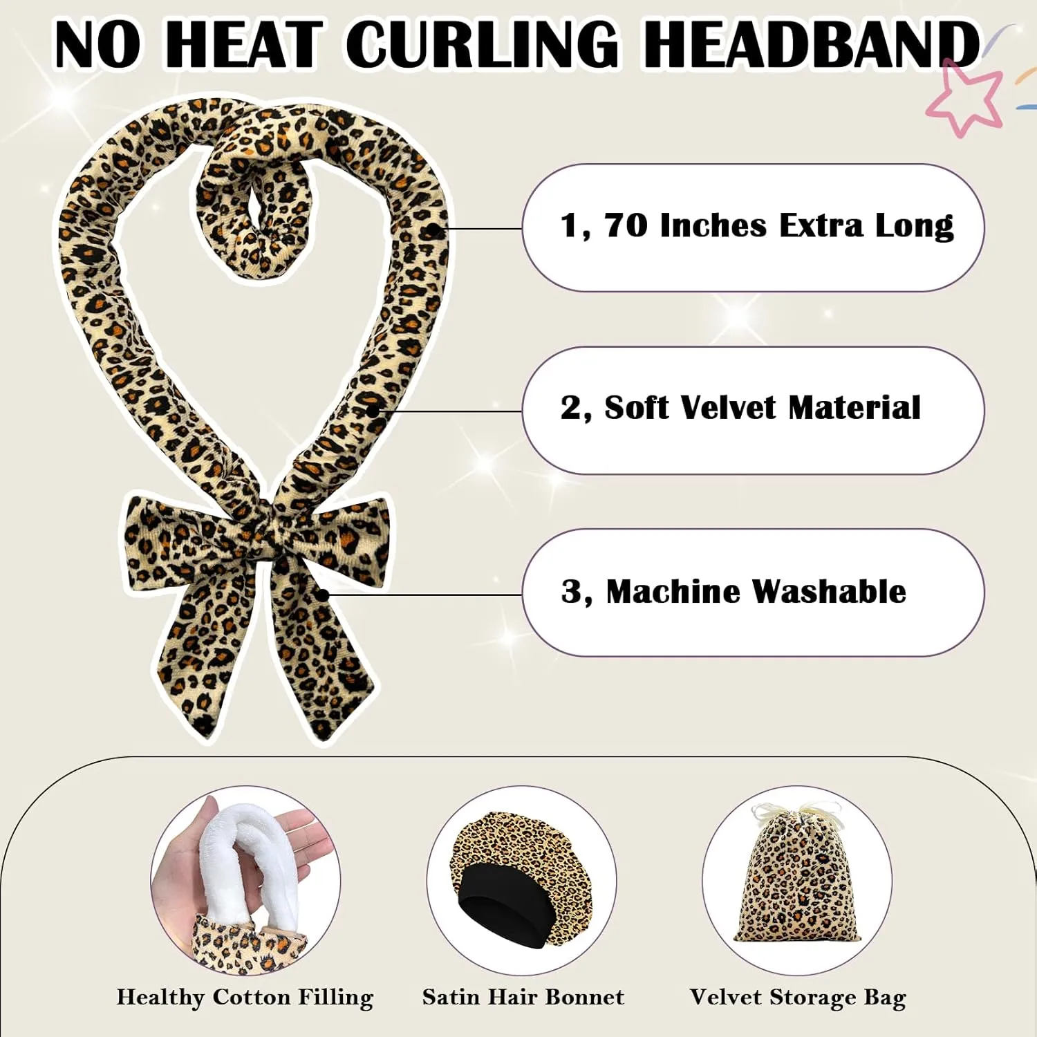 ZILAMPU No Heat Hair Curlers to Sleep In - 70" Soft Overnight Headband Wrap for Women Long Wave Curls, 9 PCS Rollers Gifts Set - Leopard Print