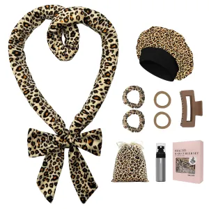ZILAMPU No Heat Hair Curlers to Sleep In - 70" Soft Overnight Headband Wrap for Women Long Wave Curls, 9 PCS Rollers Gifts Set - Leopard Print