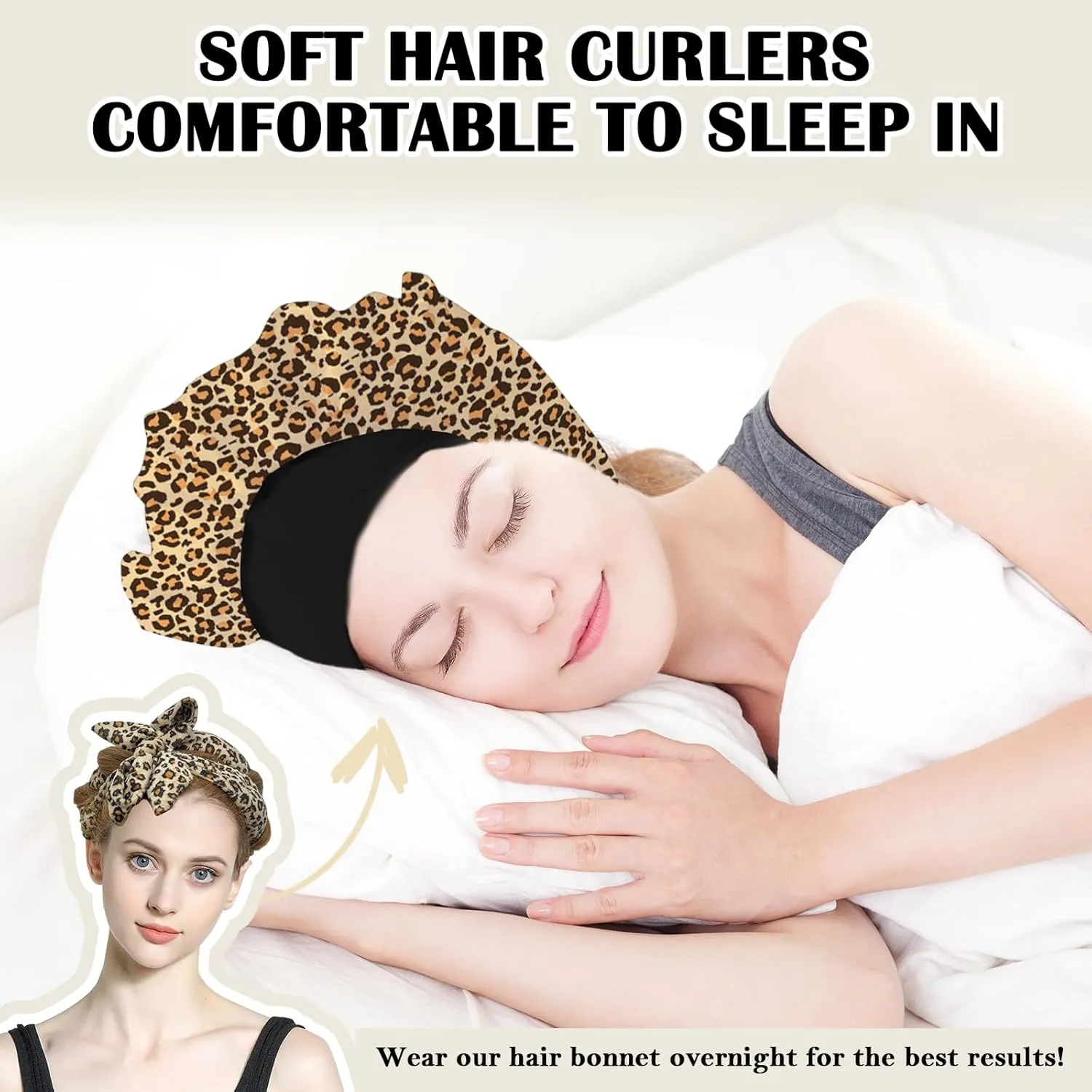 ZILAMPU No Heat Hair Curlers to Sleep In - 70" Soft Overnight Headband Wrap for Women Long Wave Curls, 9 PCS Rollers Gifts Set - Leopard Print