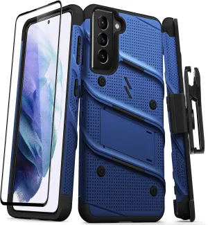 ZIZO Bolt Series for Galaxy S21 Case with Screen Protector Kickstand Holster Lanyard - Blue & Black