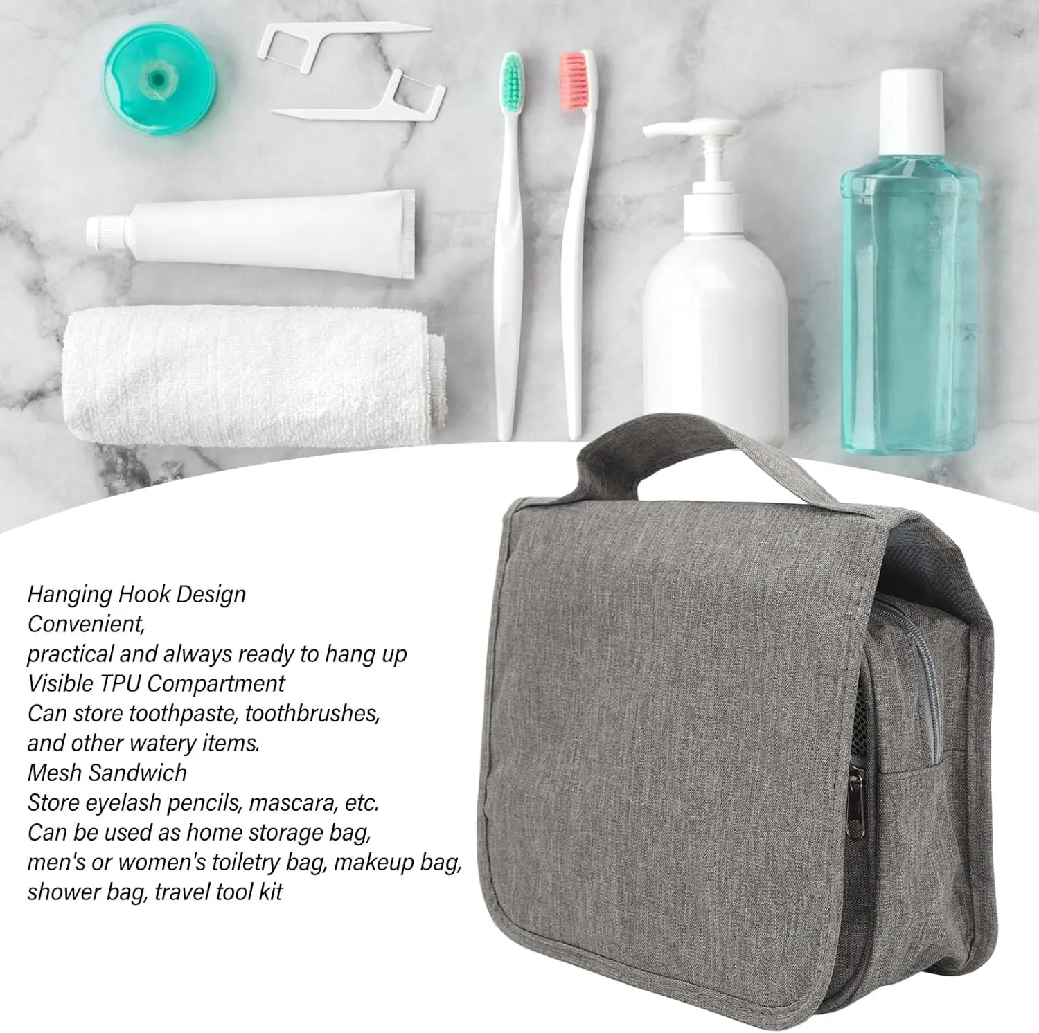 ZJchao Hanging Toiletry Bag with Hanging Hooks, Visible TPU Compartment for Toothpaste and Toothbrushes for Toiletries, Cosmetics, Shower Bag for Home, Travel, Business Trips, Camping