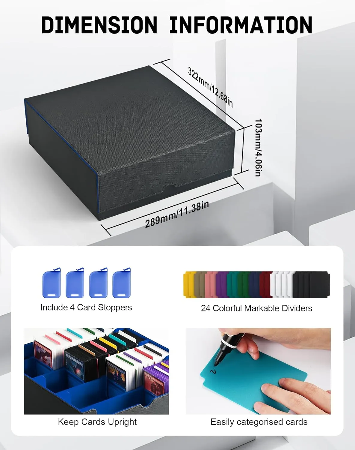 ZLCA Card Storage Box for MTG PTCG, Commander Deck Box Holds 3000  Cards, Card Storage Case with 4 Stoppers, Card Organizer for TCG Sport Cards(Black&Blue)