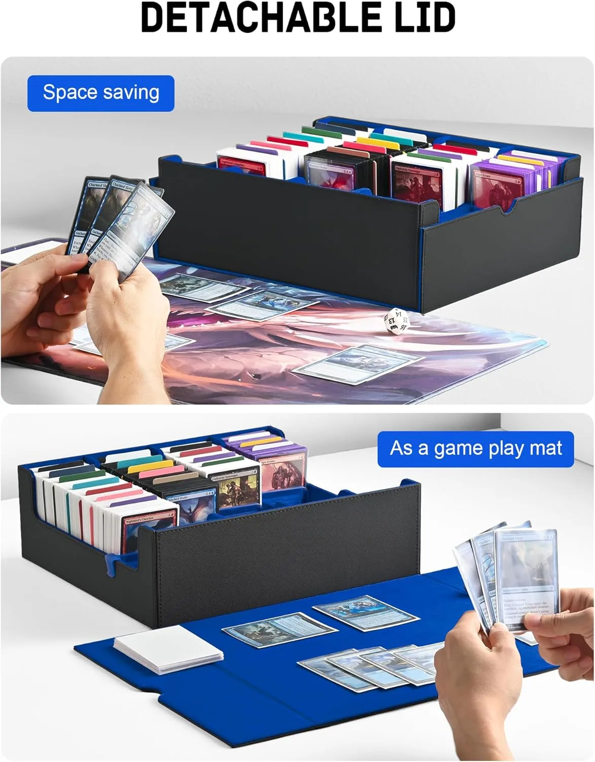 ZLCA Card Storage Box for MTG PTCG, Commander Deck Box Holds 3000  Cards, Card Storage Case with 4 Stoppers, Card Organizer for TCG Sport Cards(Black&Blue)