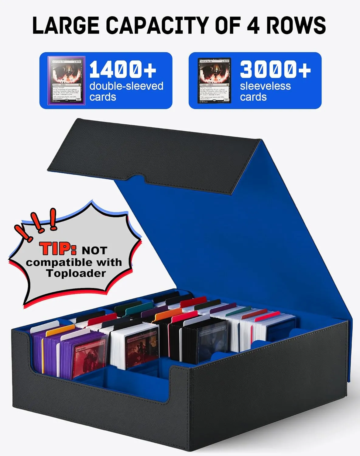 ZLCA Card Storage Box for MTG PTCG, Commander Deck Box Holds 3000  Cards, Card Storage Case with 4 Stoppers, Card Organizer for TCG Sport Cards(Black&Blue)