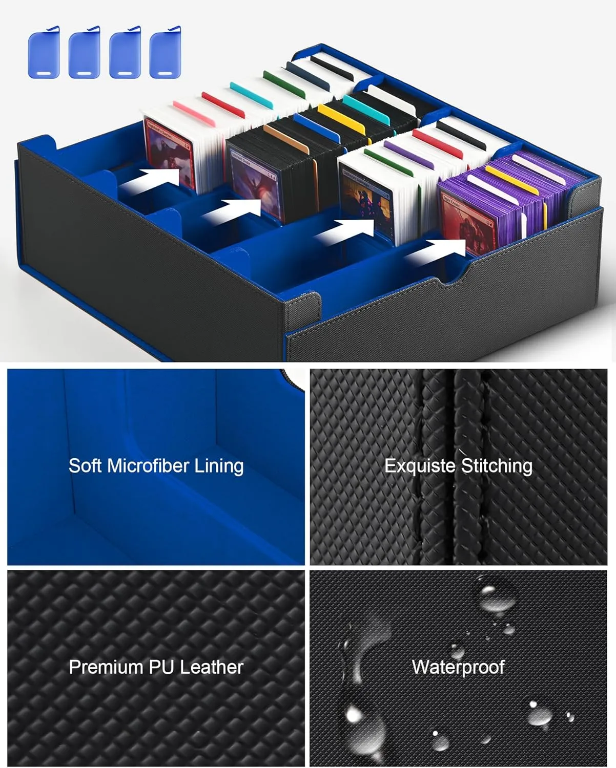 ZLCA Card Storage Box for MTG PTCG, Commander Deck Box Holds 3000  Cards, Card Storage Case with 4 Stoppers, Card Organizer for TCG Sport Cards(Black&Blue)