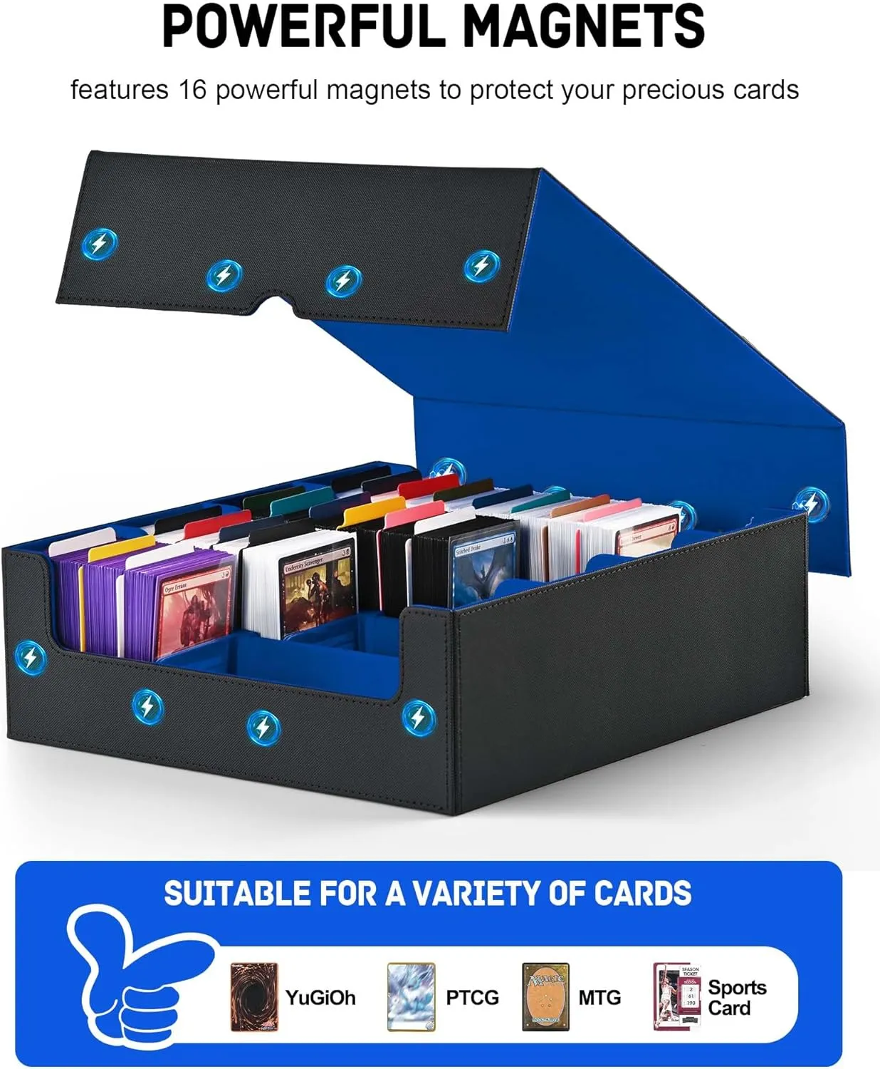 ZLCA Card Storage Box for MTG PTCG, Commander Deck Box Holds 3000  Cards, Card Storage Case with 4 Stoppers, Card Organizer for TCG Sport Cards(Black&Blue)