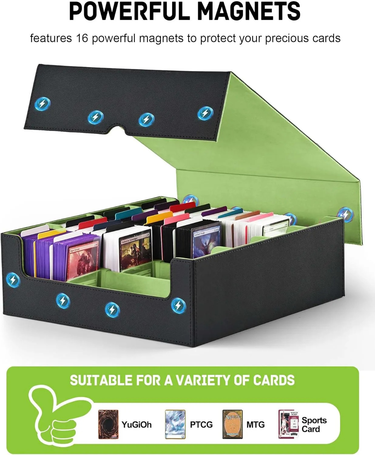 ZLCA Card Storage Box for MTG PTCG, Commander Deck Box Holds 3000  Cards, Card Storage Case with 4 Stoppers, Card Organizer for TCG Sport Cards(Black&Green)