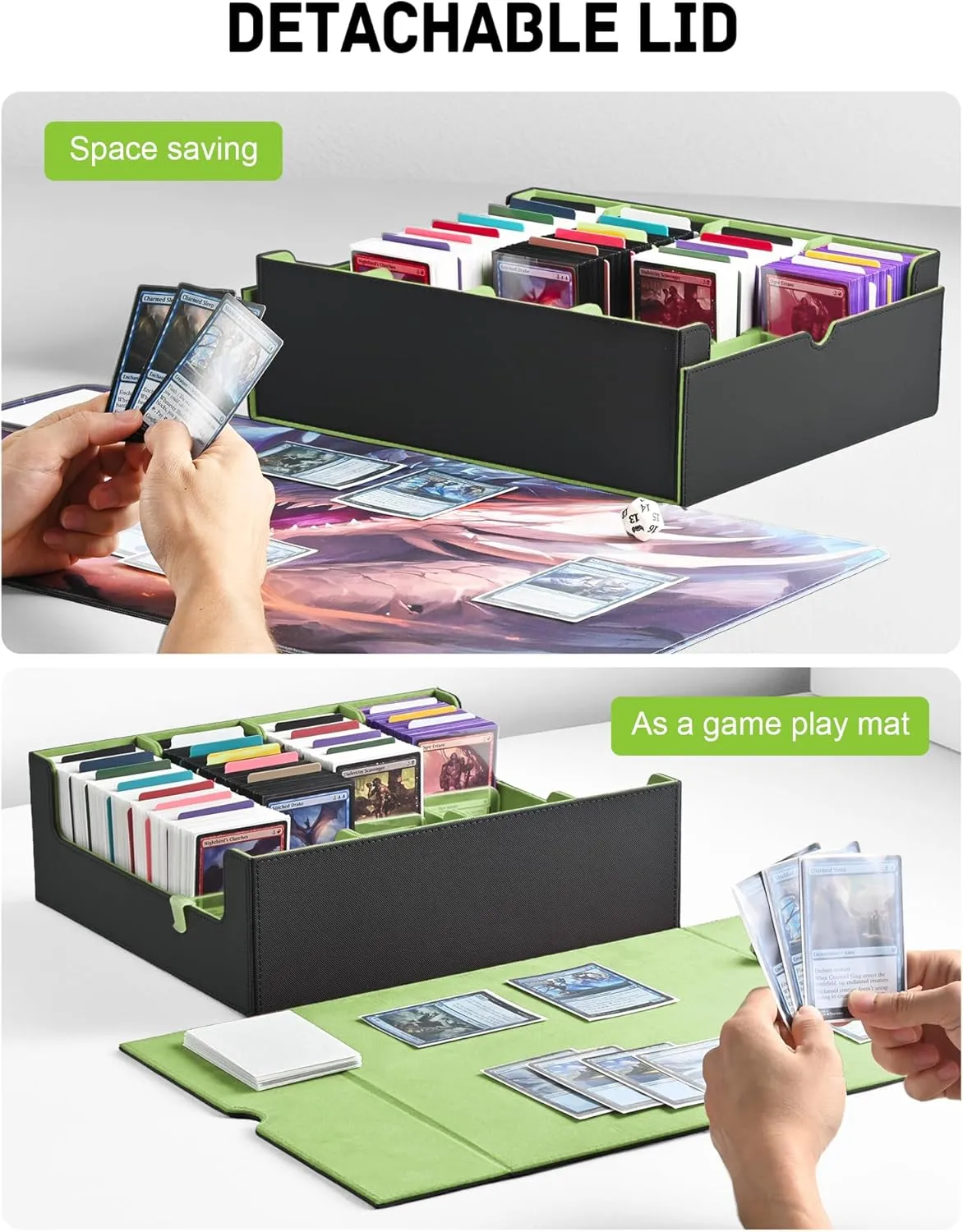 ZLCA Card Storage Box for MTG PTCG, Commander Deck Box Holds 3000  Cards, Card Storage Case with 4 Stoppers, Card Organizer for TCG Sport Cards(Black&Green)
