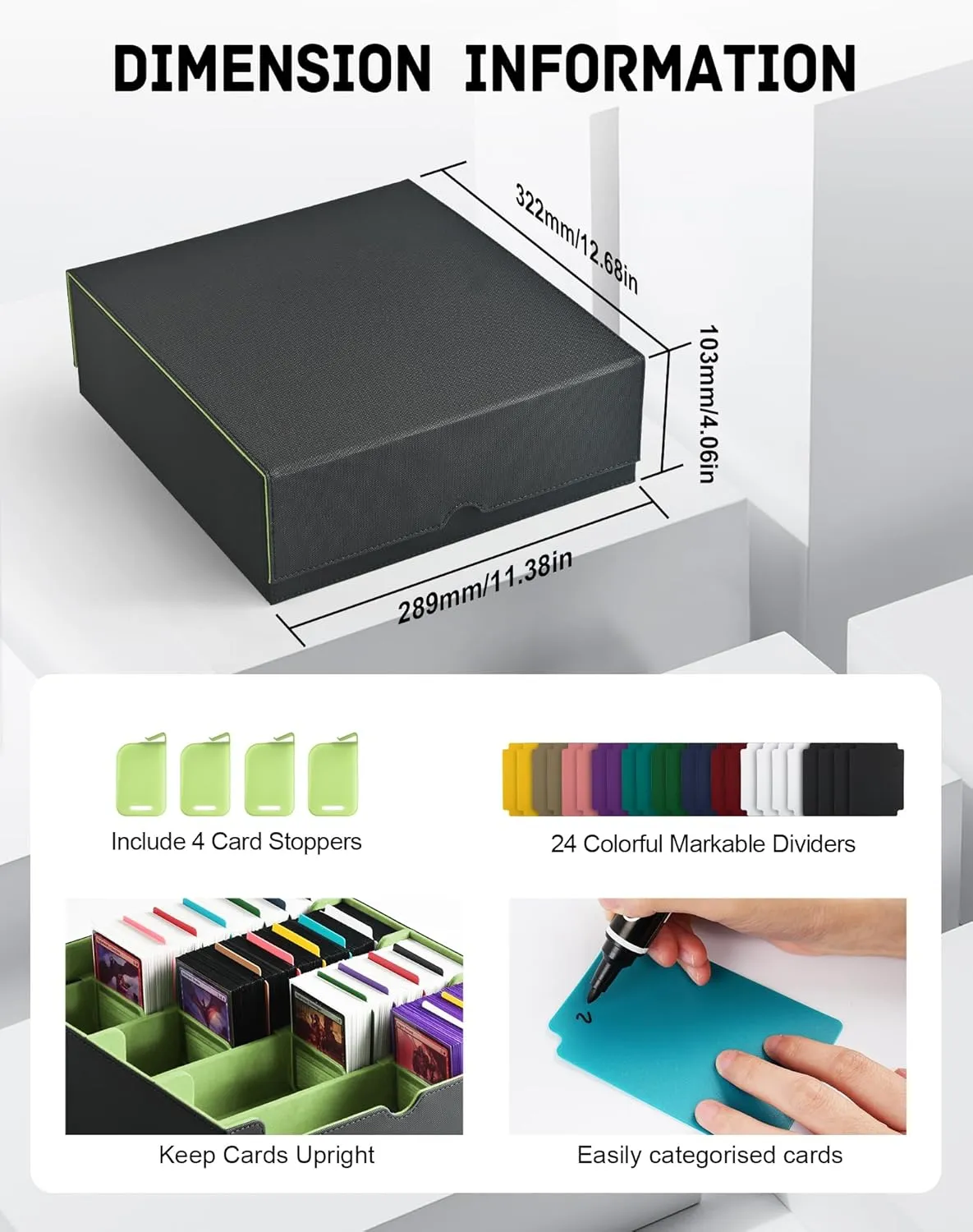 ZLCA Card Storage Box for MTG PTCG, Commander Deck Box Holds 3000  Cards, Card Storage Case with 4 Stoppers, Card Organizer for TCG Sport Cards(Black&Green)