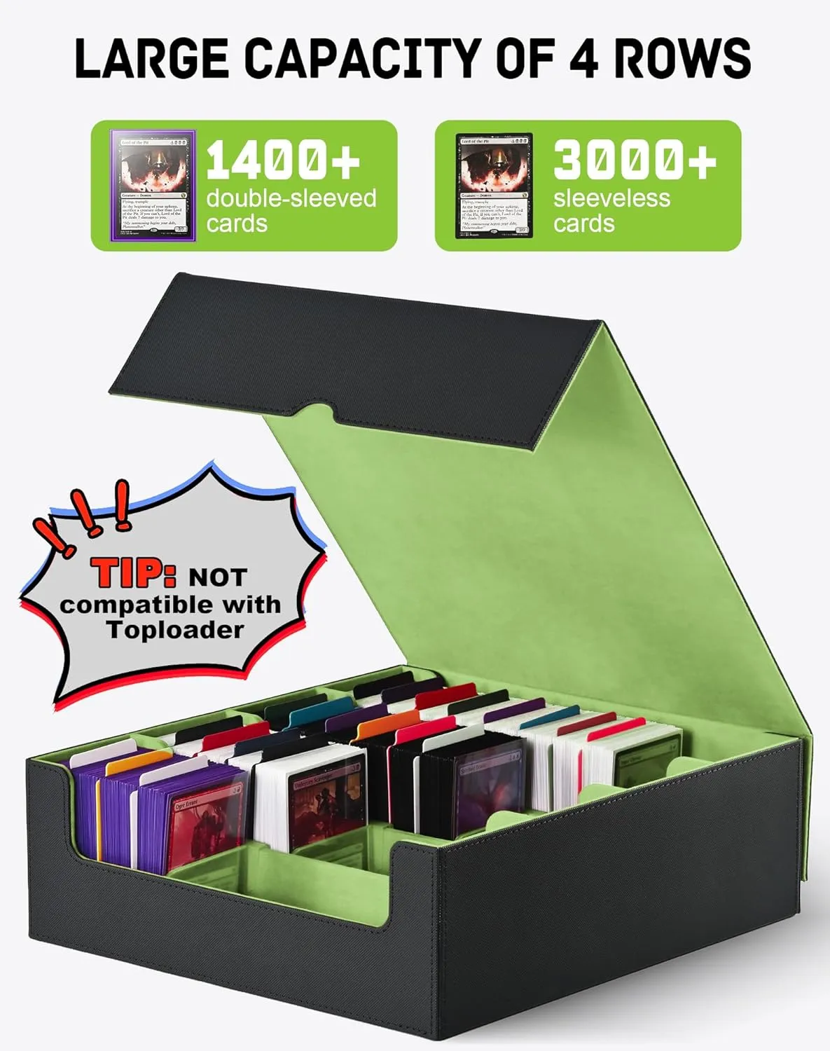 ZLCA Card Storage Box for MTG PTCG, Commander Deck Box Holds 3000  Cards, Card Storage Case with 4 Stoppers, Card Organizer for TCG Sport Cards(Black&Green)