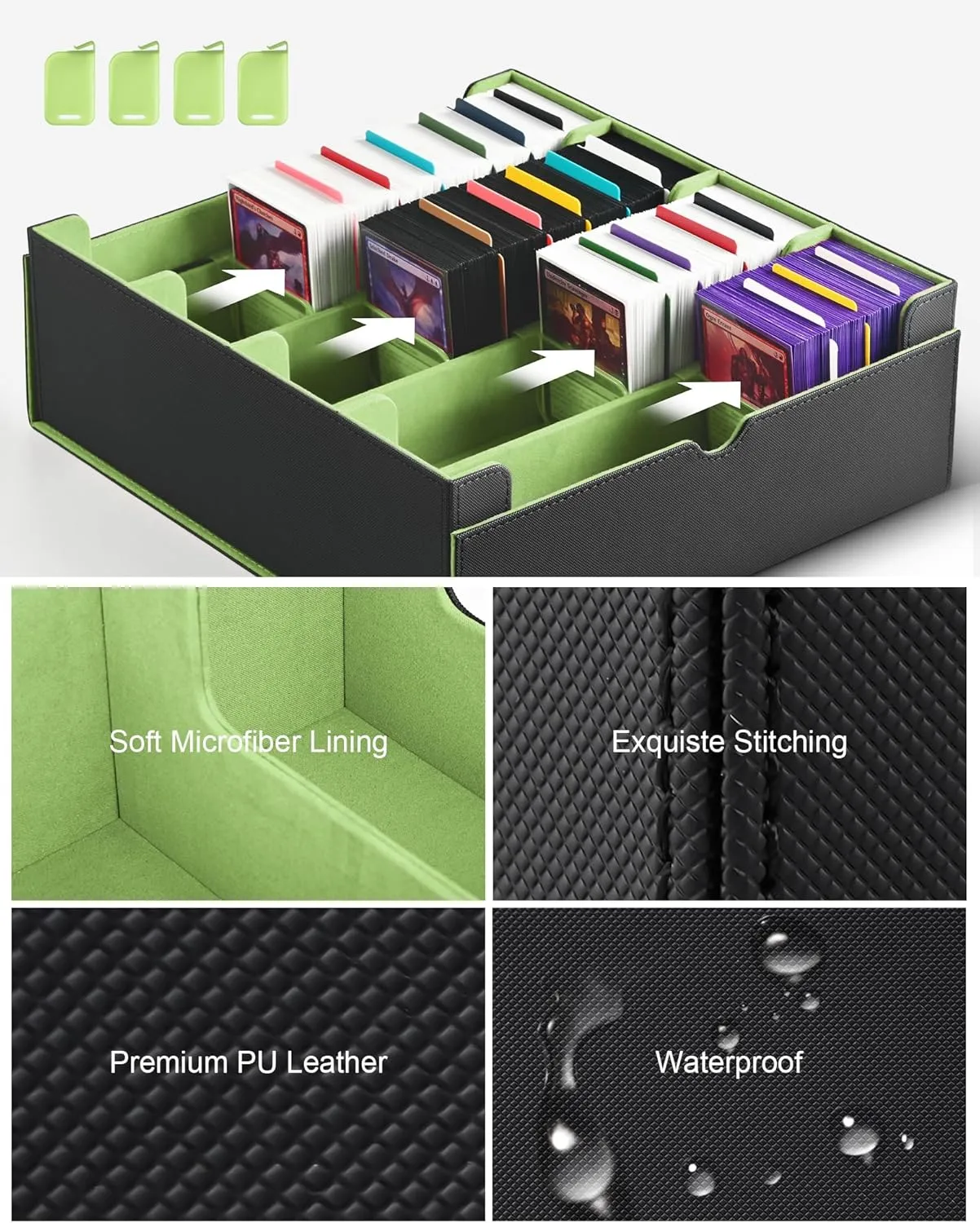 ZLCA Card Storage Box for MTG PTCG, Commander Deck Box Holds 3000  Cards, Card Storage Case with 4 Stoppers, Card Organizer for TCG Sport Cards(Black&Green)