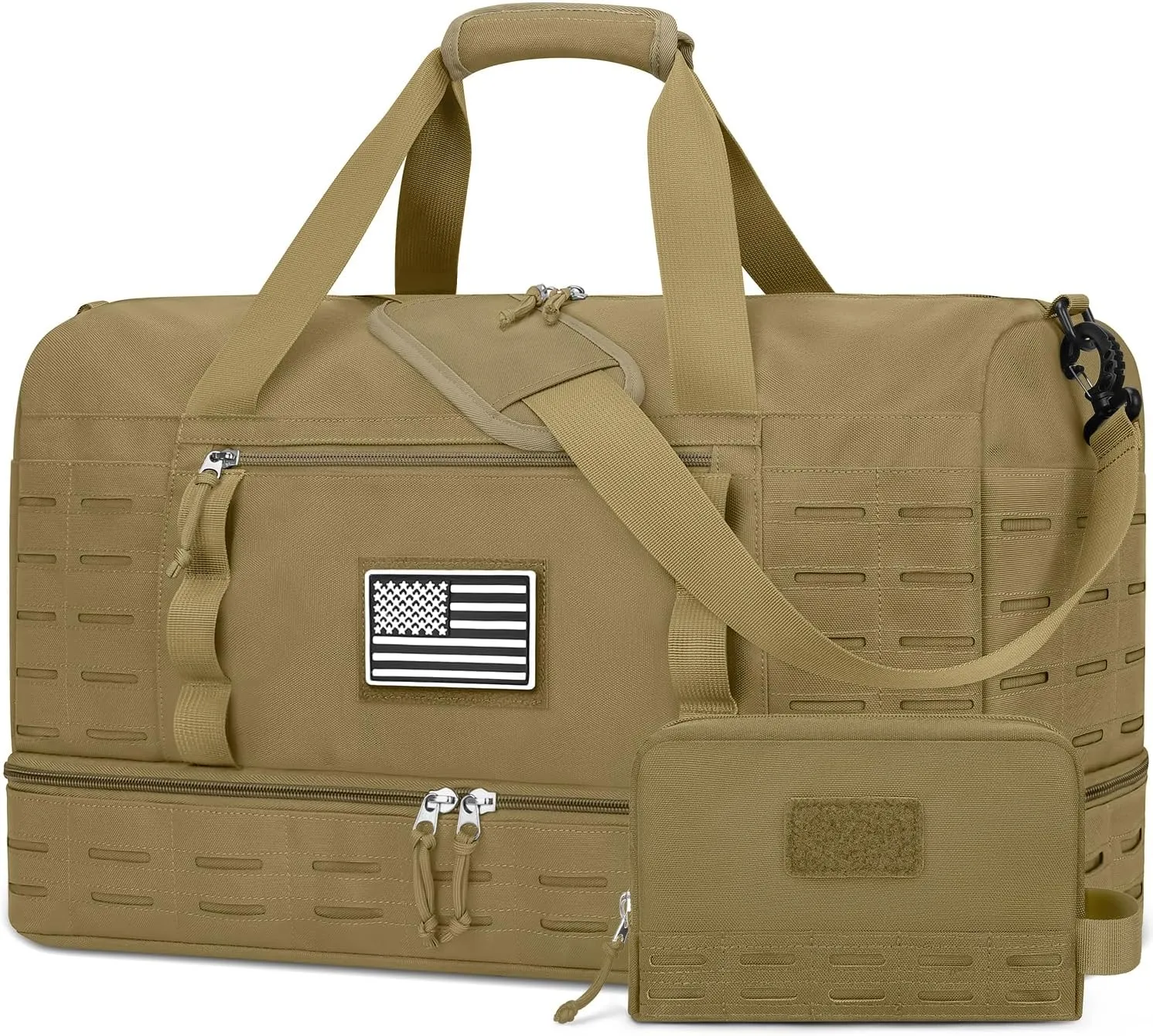 ZOMFELT Travel Bag for Men, Tactical Gym Duffle with Shoe Compartment & Toiletry Bag, Waterproof Carry On Weekender with Molle System for Overnight Trip, Tactical Use, Flight Approved, Desert Yellow