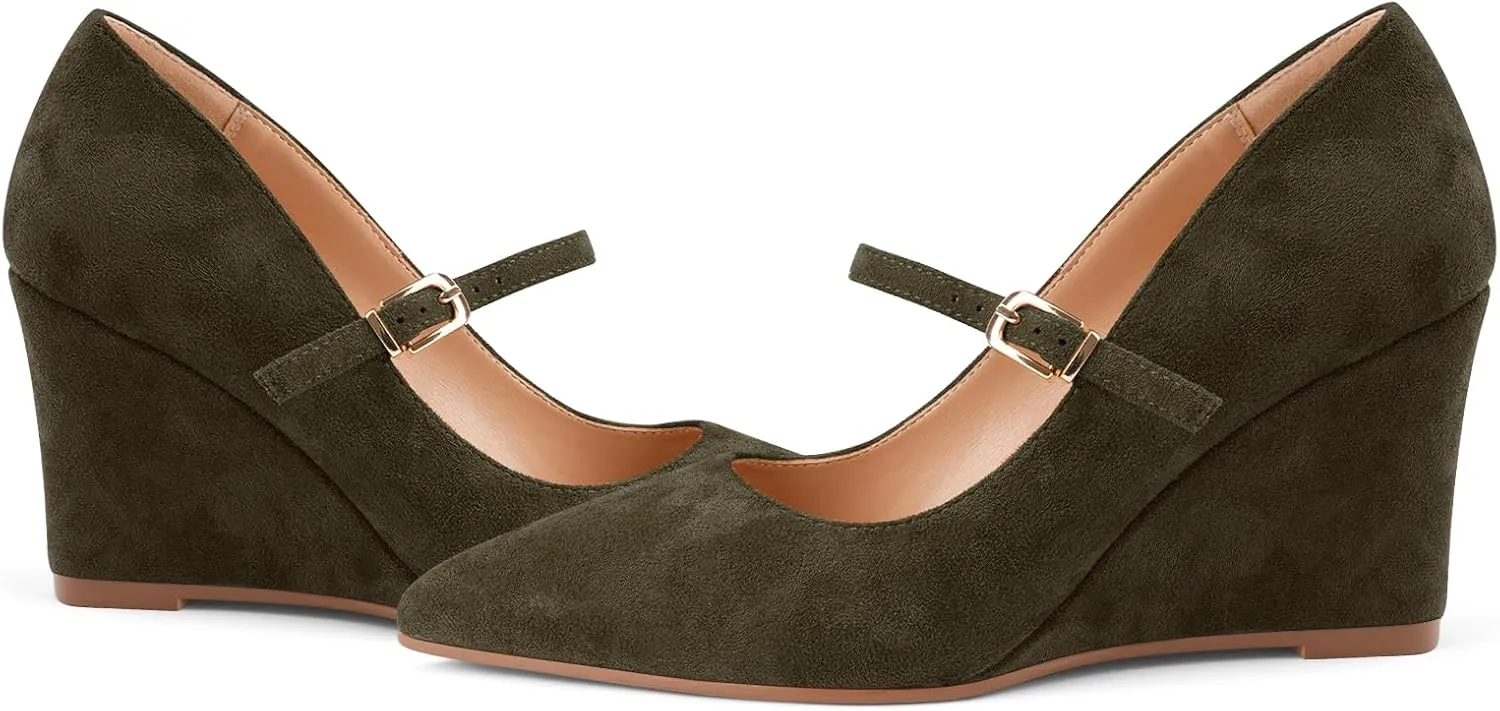 Z.Oufeier Womens Pointy Toe Suede Buckle Ankle Strap Mary Jane Wedge High Heels Wedding Party Dress Business Pumps Shoes 3.4 Inches